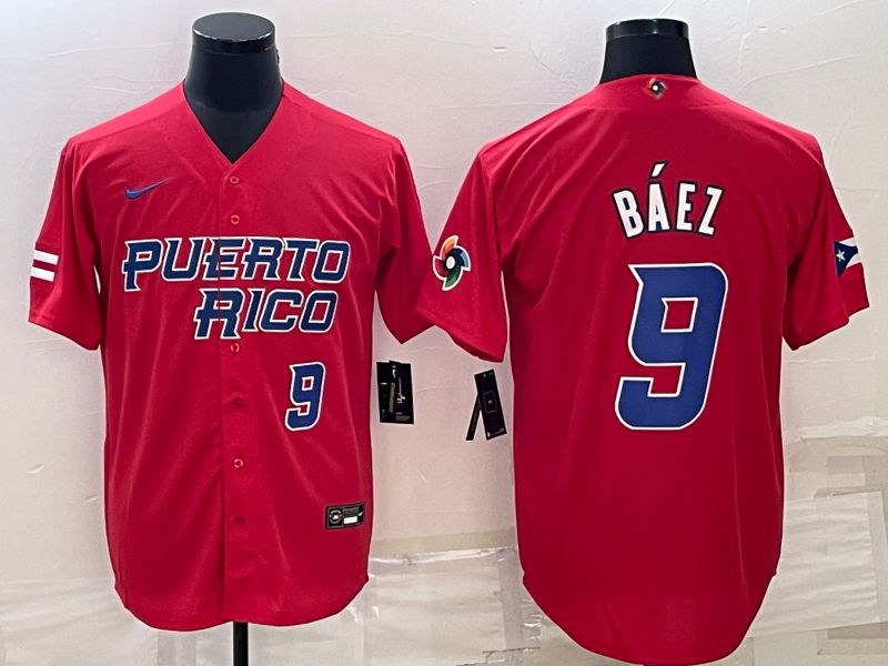 Men 2023 World Cub #9 Baez Red Nike MLB Jersey4